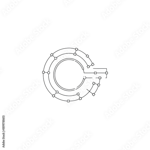 A technical drawing of a circular object with a protruding arm