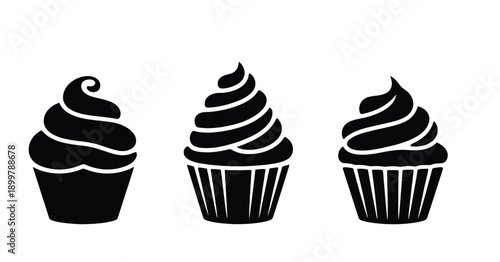 Three stylish black and white cupcakes with swirled frosting designs isolated on white background, Vector, illustration