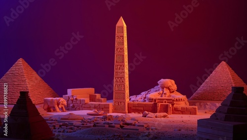 Model of Ancient Egyptian Structures With Pyramids and an Obelisk at Night