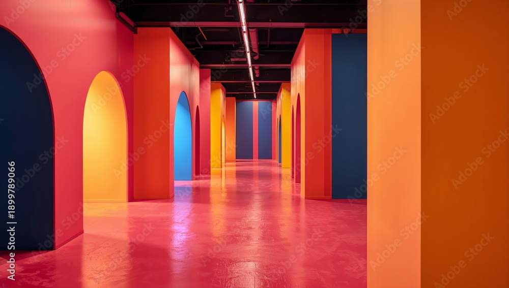 Fototapeta premium Colorful Tunnel With Circular Patterns and Bright Lights in Modern Art Space