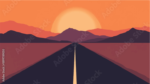 Road passing through a desert. Road landscape. Sunset view. Desert landscape. Illustration of desert sunset road.