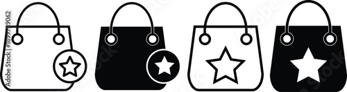 Shopping bag star outline icon set. Premium Retail Labels. E commerce app policy signs.  Favorite product and loyalty symbol
