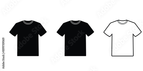 Comparison of three different t-shirt styles in black and white colors isolated on white background, Vector, illustration