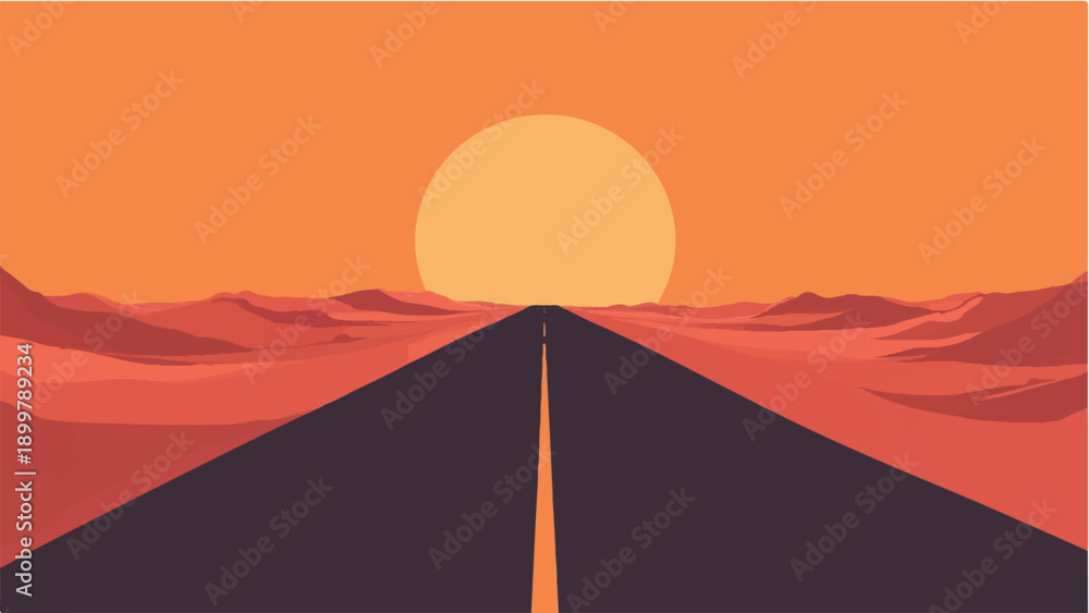 Naklejka premium Road passing through a desert. Road landscape. Sunset view. Desert landscape. Illustration of desert sunset road.