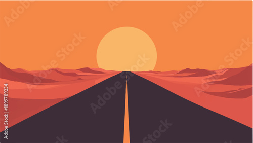Road passing through a desert. Road landscape. Sunset view. Desert landscape. Illustration of desert sunset road.