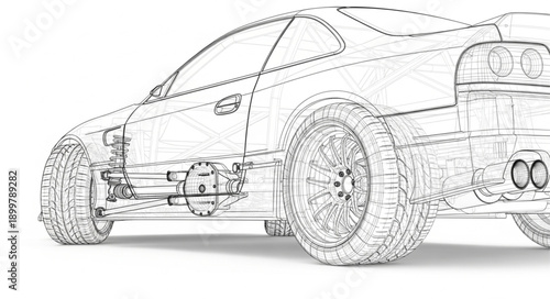 Detailed blueprint drawing of a modern sports car chassis.