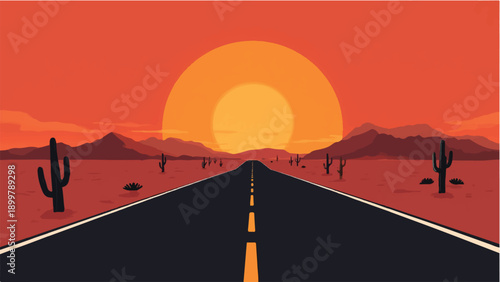 Road passing through a desert. Road landscape. Sunset view. Desert landscape. Illustration of desert sunset road.