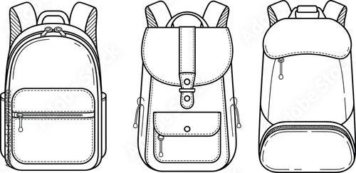 Backpack vector blueprint set, front and back views technical outline illustration isolated white background school travel bag design collection
