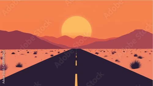 Road passing through a desert. Road landscape. Sunset view. Desert landscape. Illustration of desert sunset road.