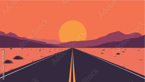 Road passing through a desert. Road landscape. Sunset view. Desert landscape. Illustration of desert sunset road.