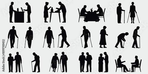 Diverse silhouettes of people engaged in various mobility and support activities isolated on white background, Vector, illustration