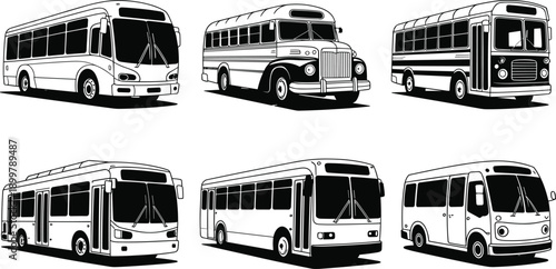 Black and white bus illustration set modern and vintage public transport vehicles vector collection isolated urban transit design elements bundle