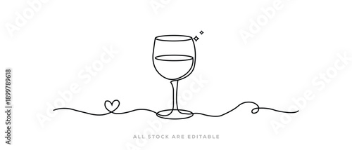 Continuous one Line Wine Glass Outline Vector Icon With Heart Symbol. Vector Illustration