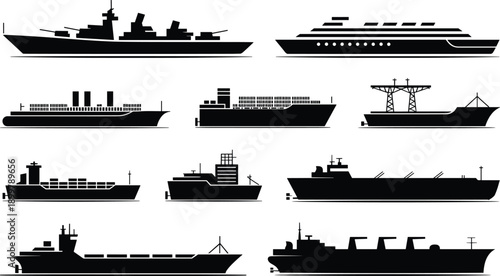 Black and white ship silhouettes collection, featuring warships cruise liners cargo tankers container vessels maritime transport vector icons set illustrations
