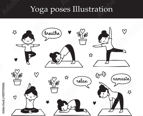Yoga Poses Illustration Set, Cute Yoga Doodle Characters, Wellness and Meditation Line Art