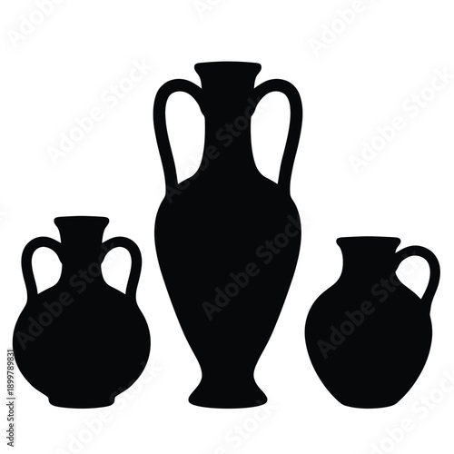 Black silhouettes of three ancient pottery vessels with handles