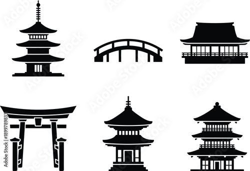 Traditional japanese architectural structures depicted in minimalist black and white line art isolated on white background, Vector, illustration