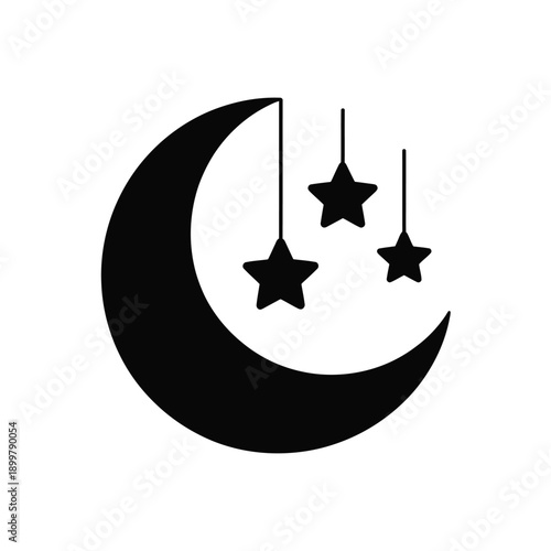 A crescent moon adorned with three hanging stars in a whimsical nighttime design isolated on white background, Vector, illustration