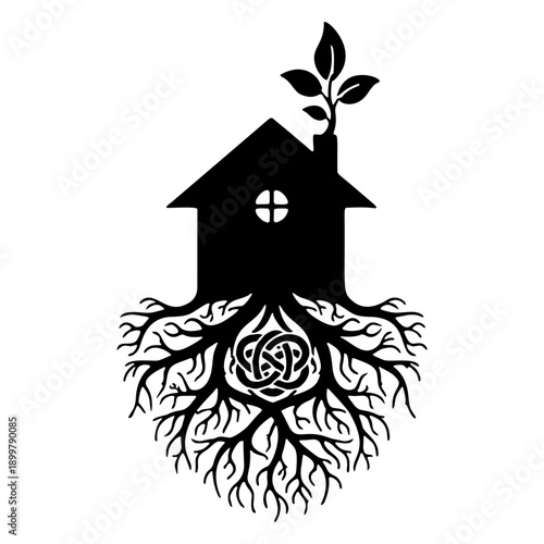 Celtic tree of life house icon vector. Sustainable home symbol with interwoven root knot and leaves. Heritage real estate, ancestry, and genealogy logo. Black isolated silhouette sign