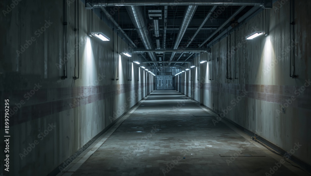 Fototapeta premium Long Corridor With Lights and Shadows in an Industrial Building