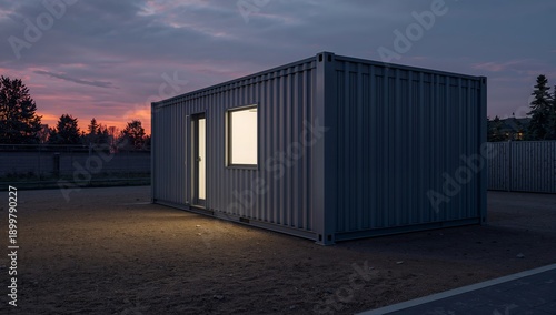 Sunset View of a Container Building With Lit Windows in an Open Area