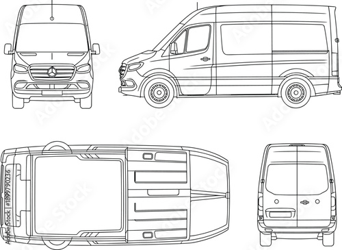Cargo van blueprint illustration set, front side top rear views, commercial vehicle line art, automotive technical drawing, isolated white background