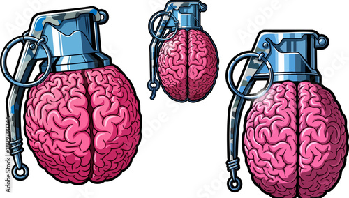 Stylized illustration features powerful concept of a brain grenade symbolizing dangerous ideas or mental warfare ready to explode.