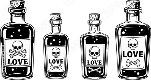 Four vintage poison bottles featuring skull and crossbones labels representing themes of dangerous or fatal love potions.