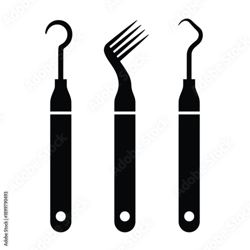 Dental instruments hooks and a probe displayed in a monochrome style