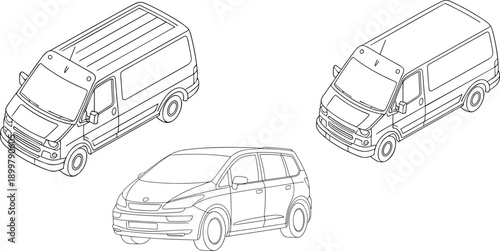 Commercial van and family car isometric line art vector illustration isolated on white background automotive transport design blueprint technical outline