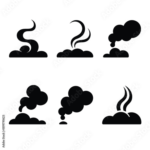 Black smoke plumes and wisps a collection of six vector icons
