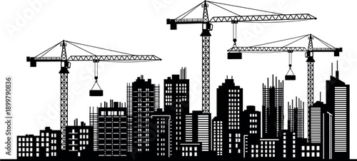 Urban building construction skyline silhouette with tower cranes and heavy lifting for civil engineering and architecture design vector.