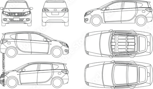 Compact family car blueprint multiple views line art vector illustration isolated white background automotive transport technical drawing design