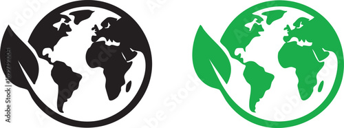 Eco earth globe with leaf logo, green world sustainability icon