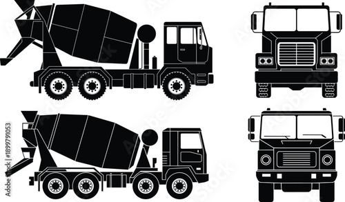 Concrete mixer truck vector set, black silhouette construction vehicle icons, industrial cement transport illustration isolated white background heavy machinery collection