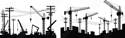 Construction site crane silhouettes and heavy machinery skyline, industrial cranes and excavators, power lines, urban development vector illustration set collection