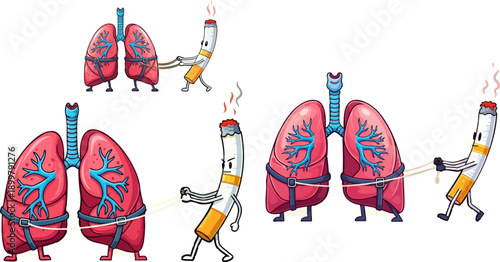 Cartoon illustration depicts human lungs engaged in a humorous but serious tug of war competition against a lit cigarette character.