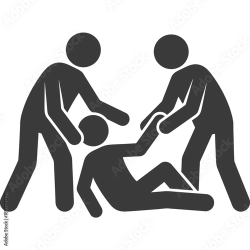 Three figures depicted in a struggle or confrontation shown in silhouette