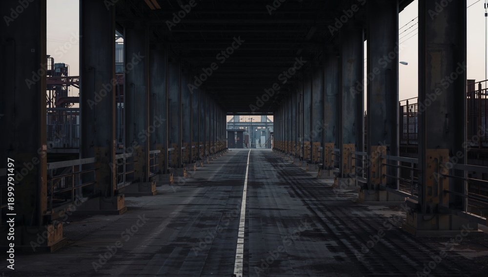 Naklejka premium Pathway Under a Structure Leads to a Distant View of Buildings at Sunset Time
