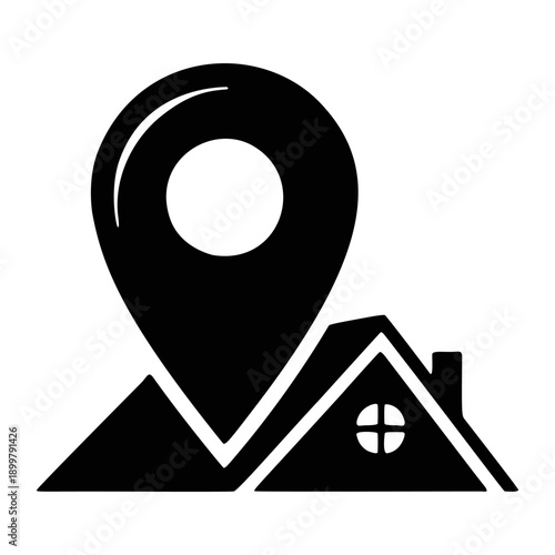 Real estate location pin icon vector. Map pointer symbol with house roof silhouette for property address, housing navigation, and gps tracking. Black location pin home sign isolated on transparent