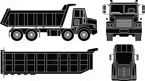 Dump truck vector blueprint set, side front top views, heavy construction vehicle illustration isolated white background engineering design technical transport