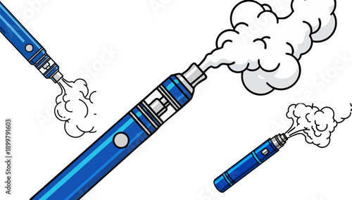 Vibrant blue electronic cigarette device cartoon illustration producing thick clouds of vapor against a dark background