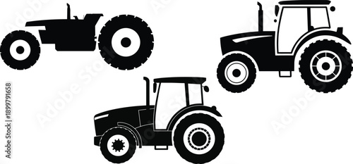 Farm tractor silhouettes vector collection, agricultural machinery icons isolated white background heavy equipment rural transport farming design set