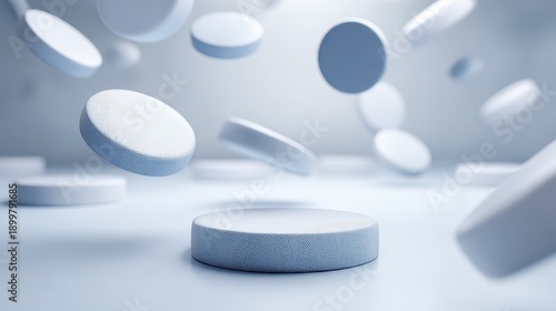 Floating White Discs on a Soft Blue Background in Minimalist Style