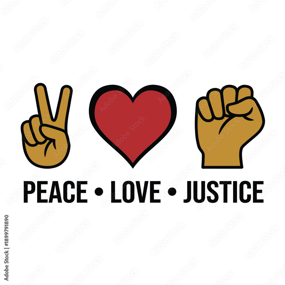 Fototapeta premium Hands displaying peace love and justice symbols with text below