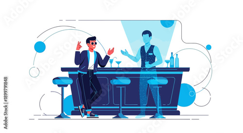 Trendy vector illustration of a man ordering at a modern bar with cool bartender inside the