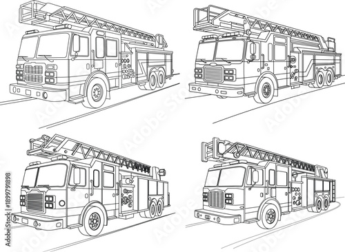 Fire truck ladder illustration set, emergency rescue vehicle line art, firefighting equipment vector, multiple perspective views, isolated white background, design