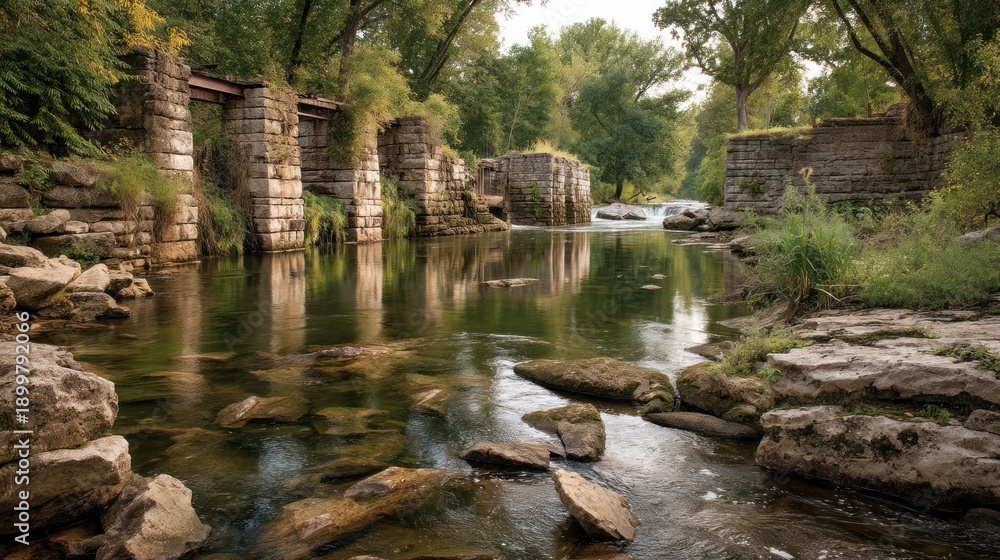 Fototapeta premium Old stone dam on a rural river