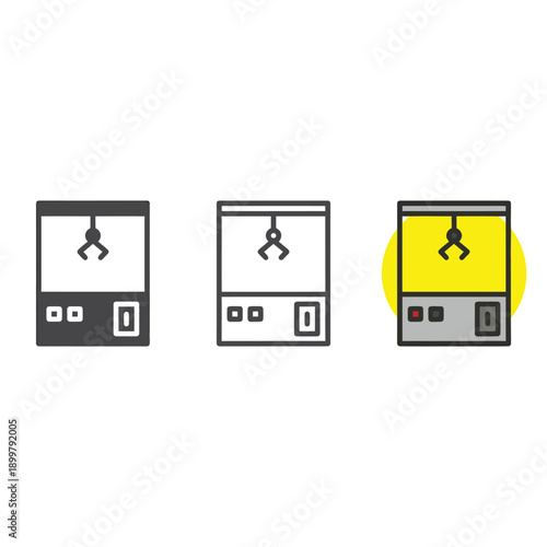 Three variations of a claw machine icon with differing colors