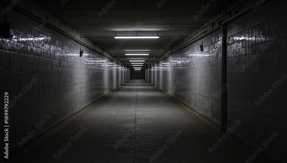 Fototapeta premium Long Empty Tunnel With Lights at Regular Intervals in a Dark Setting